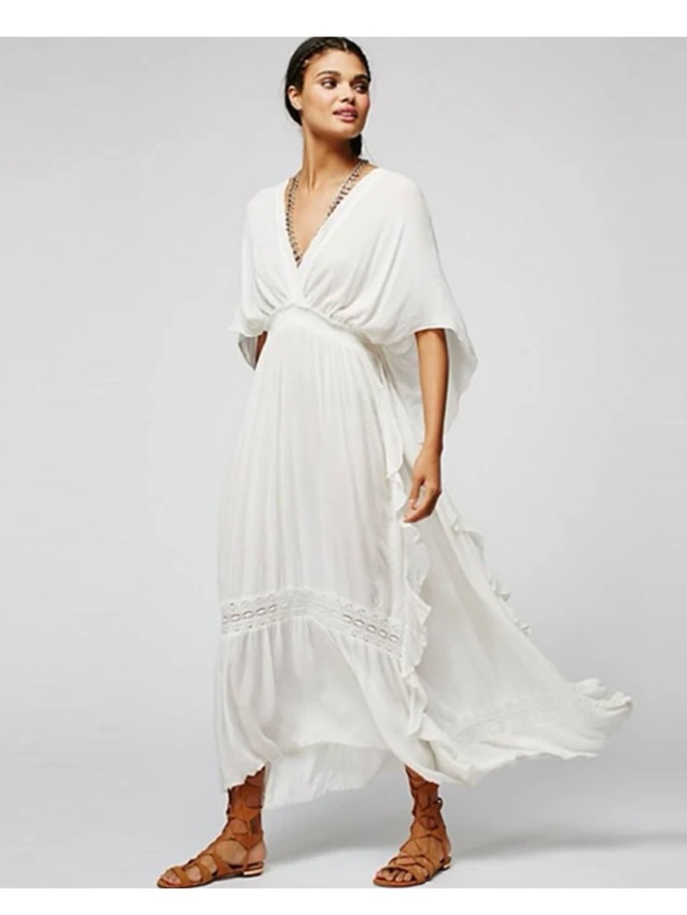 Free People White Cotton Gauze Boho Maxi Dress Small Flutter Sleeve Cottagecore